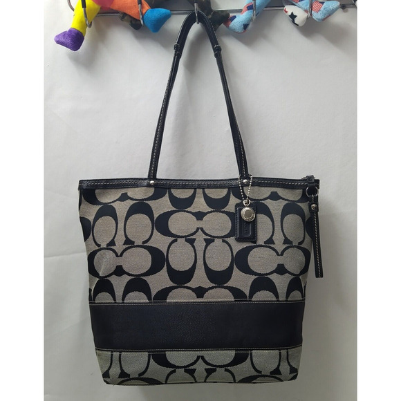 Coach Signature Black Canvas Stripe Double Handles Zipper Tote Shoulder Bag - Picture 1 of 16